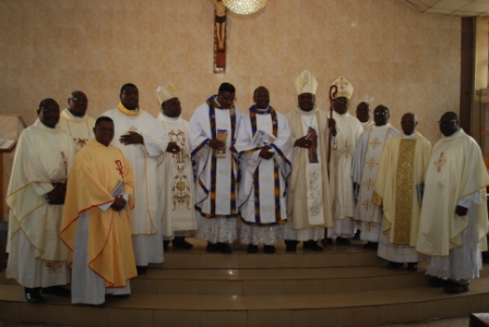 The Silver Jubilerians, Very Rev Frs Francis Oladiipo and Clement Obafemi, with Bishops, Monsignors and some priests during the celebration at St John The Baptist, Iseyin.