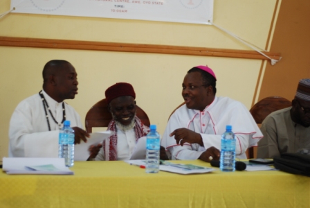 From L-R: Rev Fr Robert Chipumbu (M.Afr), representative of the Chief Imam of Oyo Land - Alhaji Anifowose and Bishop Emmanuel Badejo.