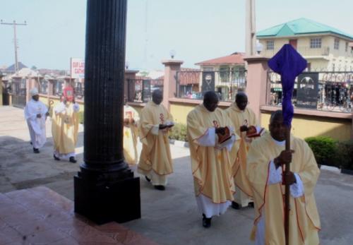 The Entrance Procession at the 2020 Chrism Mass Celebration of the Diocese held on the 7th of April, 2020 at Our Lady of the Assumption Catholic Cathedral, Asogo, Oyo.