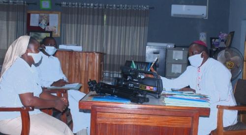 Bishop Badejo expressing satisfaction at the steady development in the Communication Apostolate after the Director of Communication, Rev Sr Eunice Ikufisile presented the newly acquired camera to him on Tuesday 12th of May, 2020