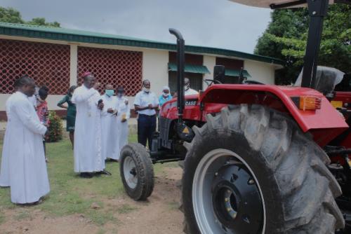 Bishop Badejo blessing the new tractor bought by the Justice Development and Peace Movement of the Catholic diocese of Oyo on the 8th of July, 2020 at the Bishop’s office.